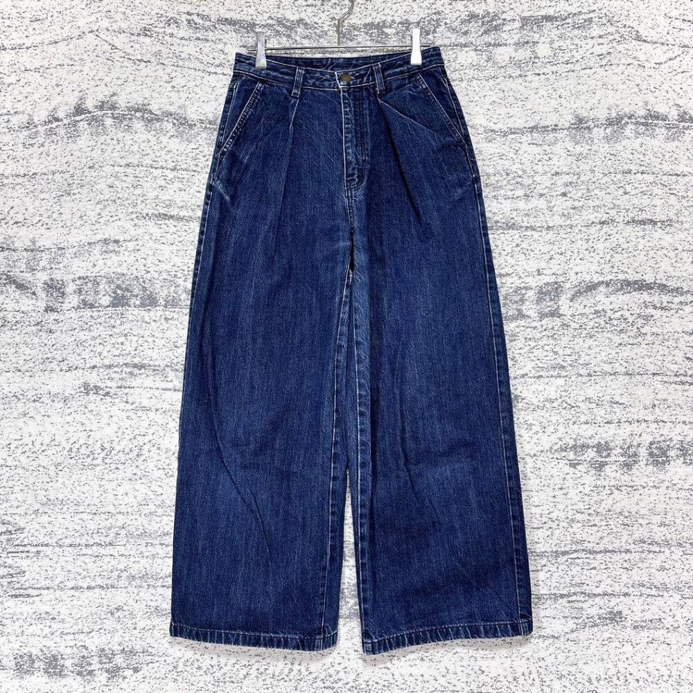 Shaggy Denim Pants Baggy Jeans Wide Leg Pleated High Waist Navy Size M